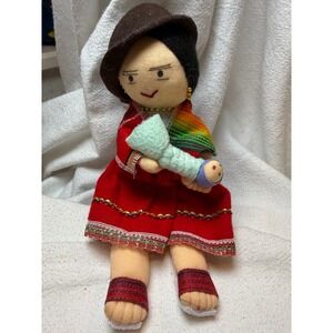 Handmade Peruvian Cloth Doll Traditional Andean Mother and Baby Red Dress 9 inch